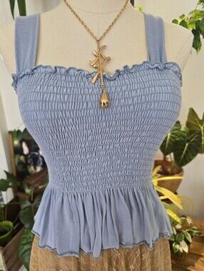 Urban Outfitters Dusty Blue Smocked Peplum Tank Top Size Medium